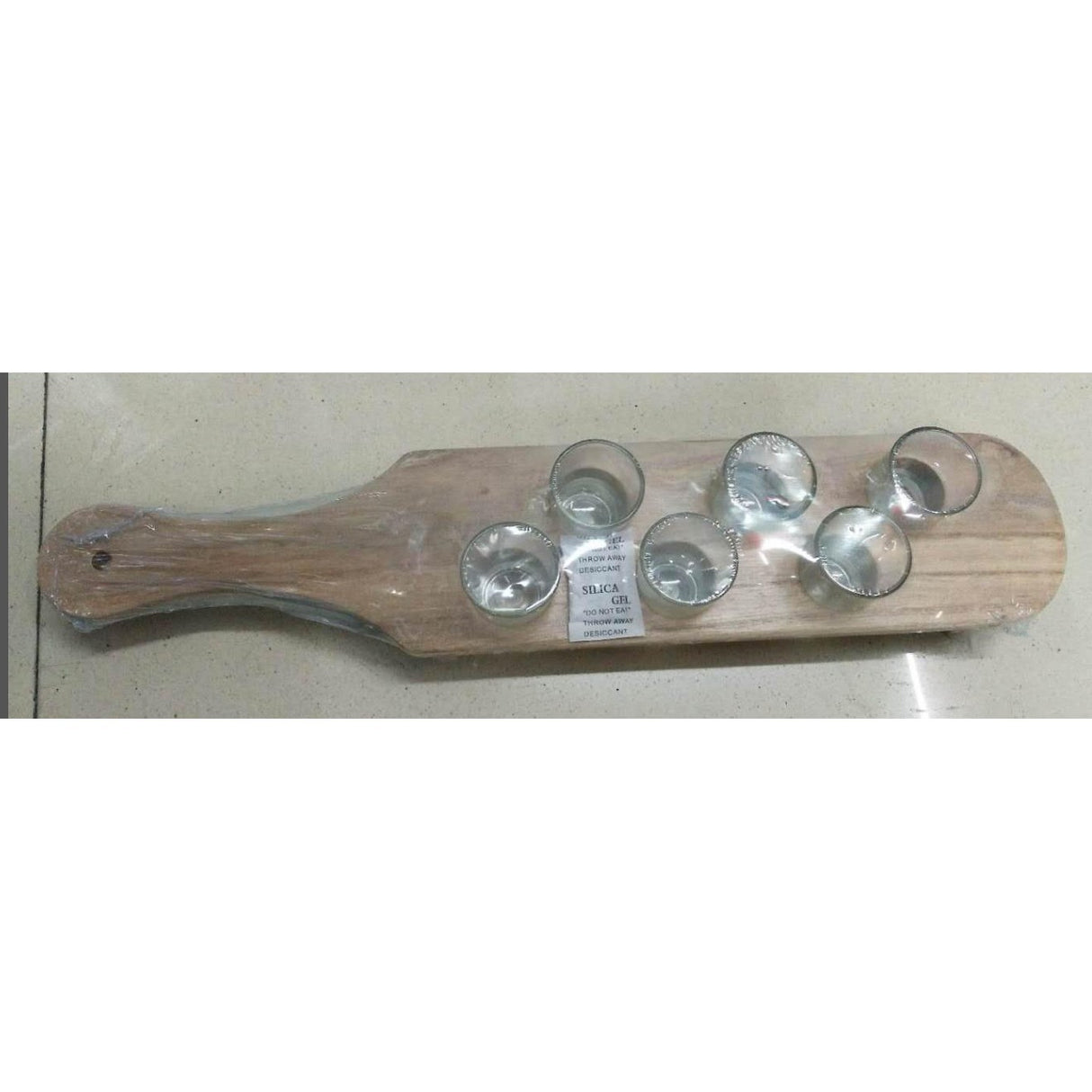 Pahare Shot din Sticla, Vivimall, Set 6 pahare pentru Shot cu Suport din Lemn, Design Rustic, 41 x 8.5 x 6 cm, Model 2, Maro - vivimall.ro