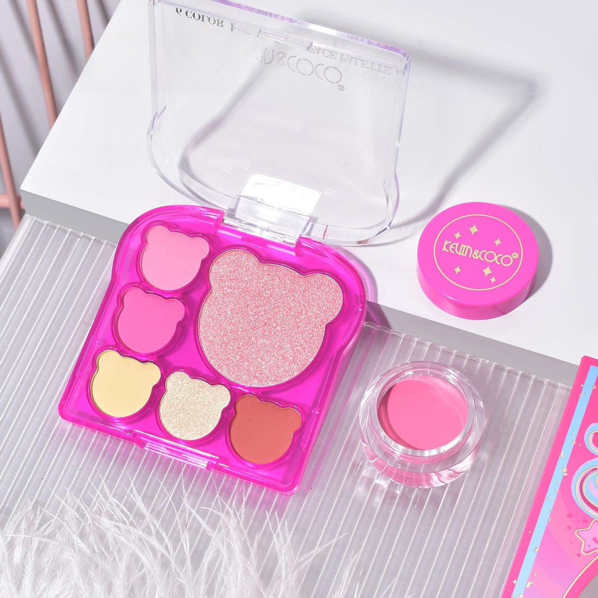Set 6 Produse de Machiaj, KEVIN & COCO, Pink Bear, 16.2 x 16 x 2.5 cm - vivimall.ro