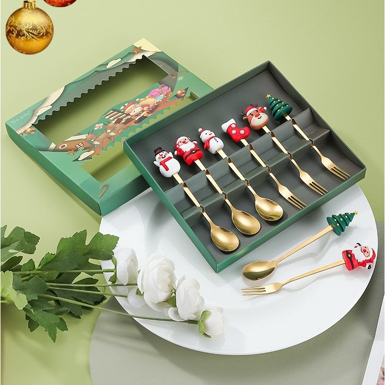 Set 6 Tacamuri, Flippy, Tema Craciun, 3 Linguri + 3 Furculite, cu Figurine, din Otel Inoxidabil, Cutie Cadou, 19 x 22 x 2.2 cm, Auriu - vivimall.ro