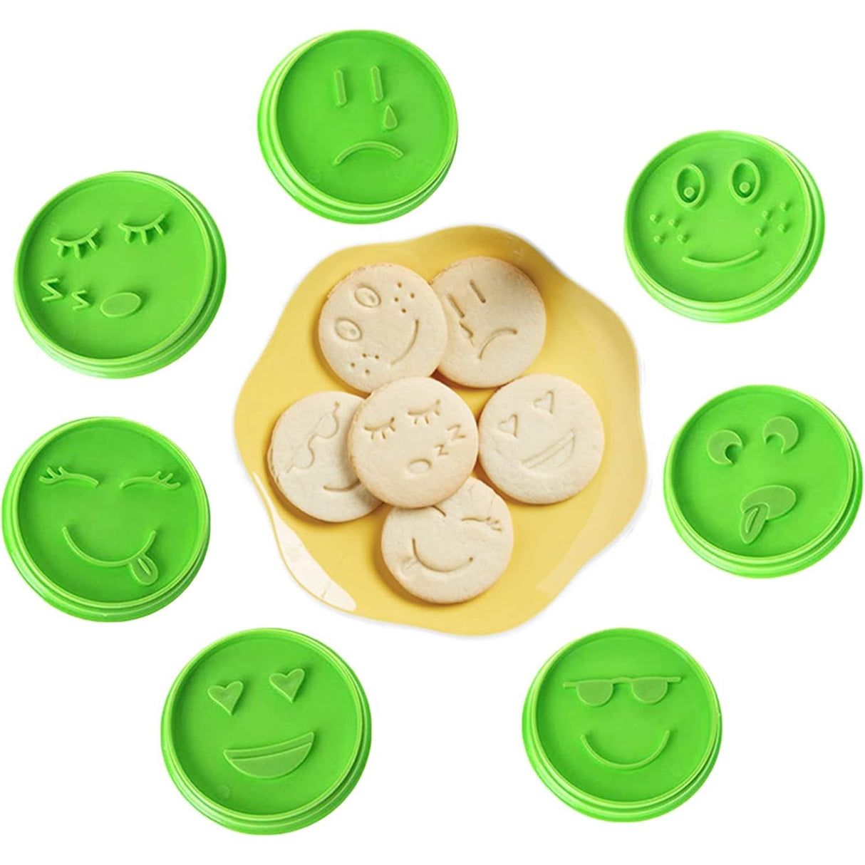 Set 7 Forme de Prajituri, Vivimall, Model Emoticoane Smiley Face, Diferite Expresii, 7.7 x 1.5 cm, din PP, Verde - vivimall.ro