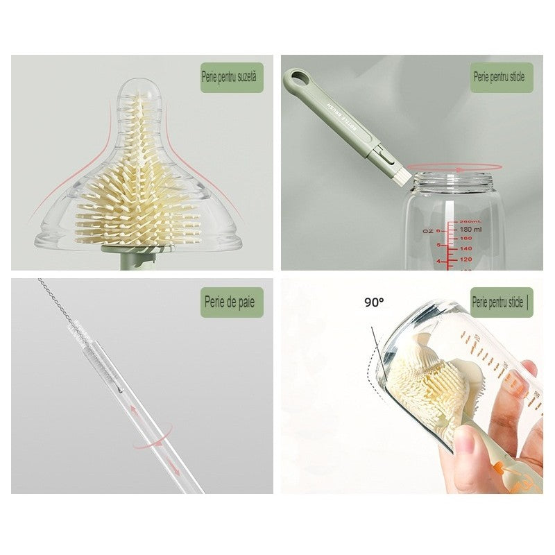 Set 7 Piese de Spalat/Uscat Biberoane, Flippy, Portabil, Peri de Silicon, pentru Tetine, Suzete, Biberoane, Paie, Cutie Inclusa, 20 x 9.5 cm, Portocaliu