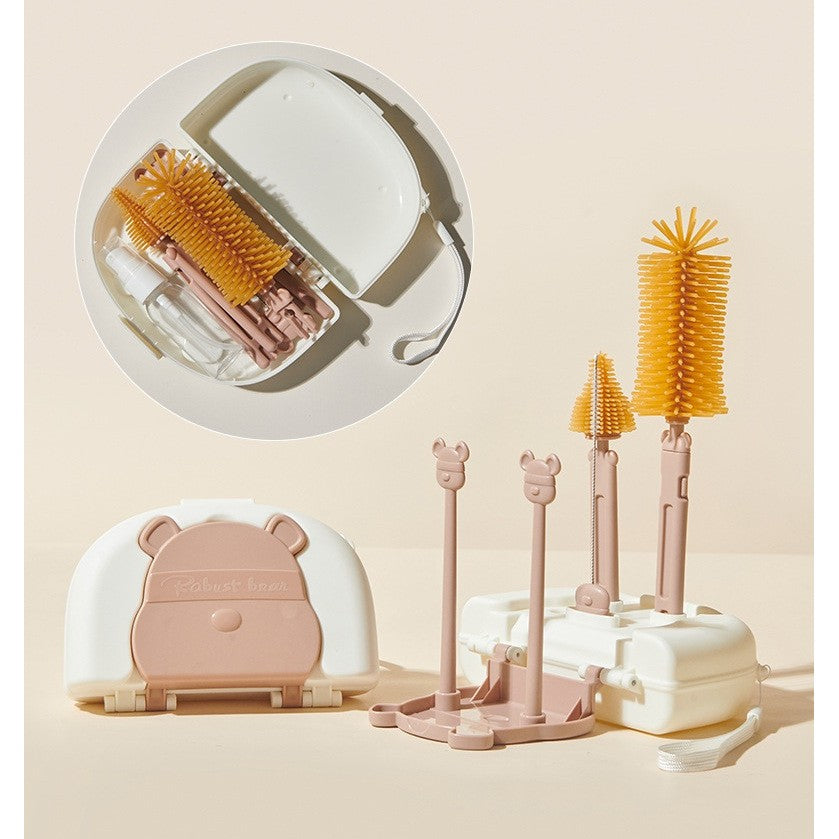 Set 7 Piese de Spalat/Uscat Biberoane, Flippy, Portabil, Peri de Silicon, pentru Tetine, Suzete, Biberoane, Paie, Cutie Inclusa, 16 x 11 x 5 cm, Model Ursulet, Maro