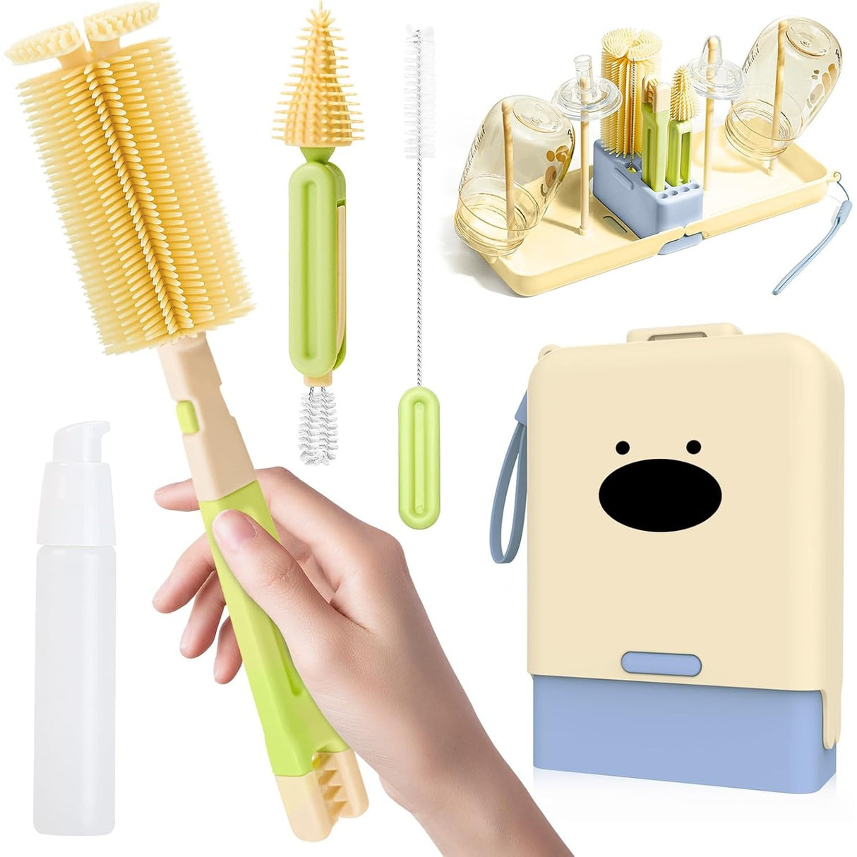 Set 7 Piese de Spalat/Uscat Biberoane, Flippy, Portabil, Peri de Silicon, pentru Tetine, Suzete, Biberoane, Paie, Cutie Inclusa, 16.8 x 12 x 5 cm, Model Catel, Albastru