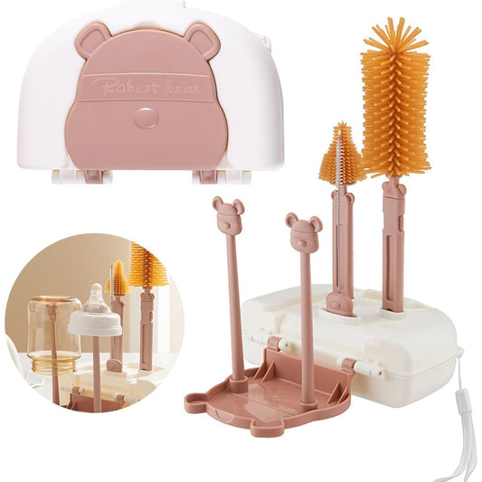 Set 7 Piese de Spalat/Uscat Biberoane, Flippy, Portabil, Peri de Silicon, pentru Tetine, Suzete, Biberoane, Paie, Cutie Inclusa, 16 x 11 x 5 cm, Model Ursulet, Maro