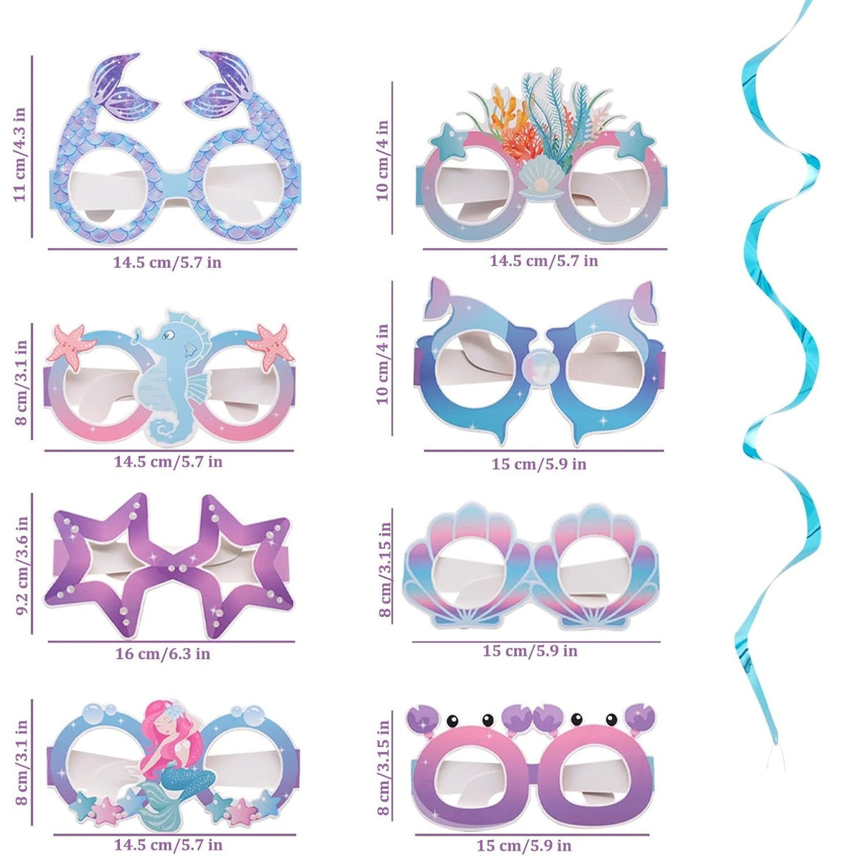 Set 8 Perechi de Ochelari Sirena, Vivimall, Colectia Mermaid, Multicolor - vivimall.ro