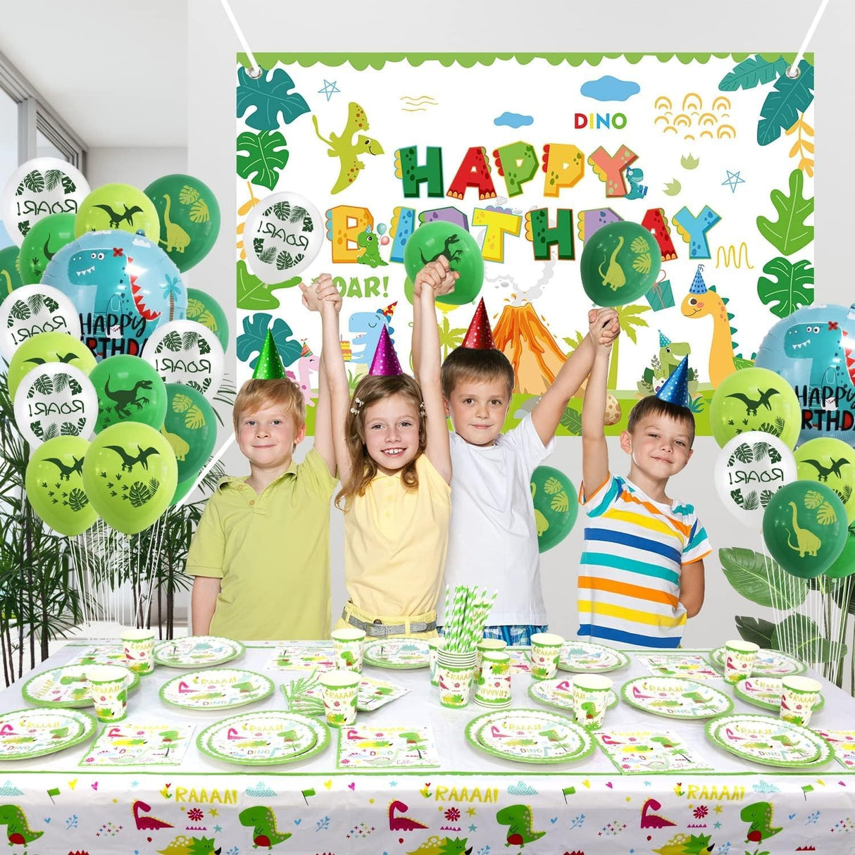 Set 9 Accesorii de Masa, Flippy, Colectia Dino Park, 82 Piese, din Carton/Plastic/Hartie, Multicolor