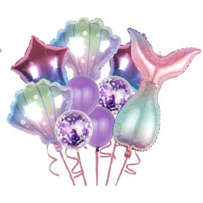 Set baloane aniversare pentru fetita, set din 9 baloane, Flippy, Tematica Sirene, 5 Baloane Folie, 4 baloane latex, cu stele, Mov gradient