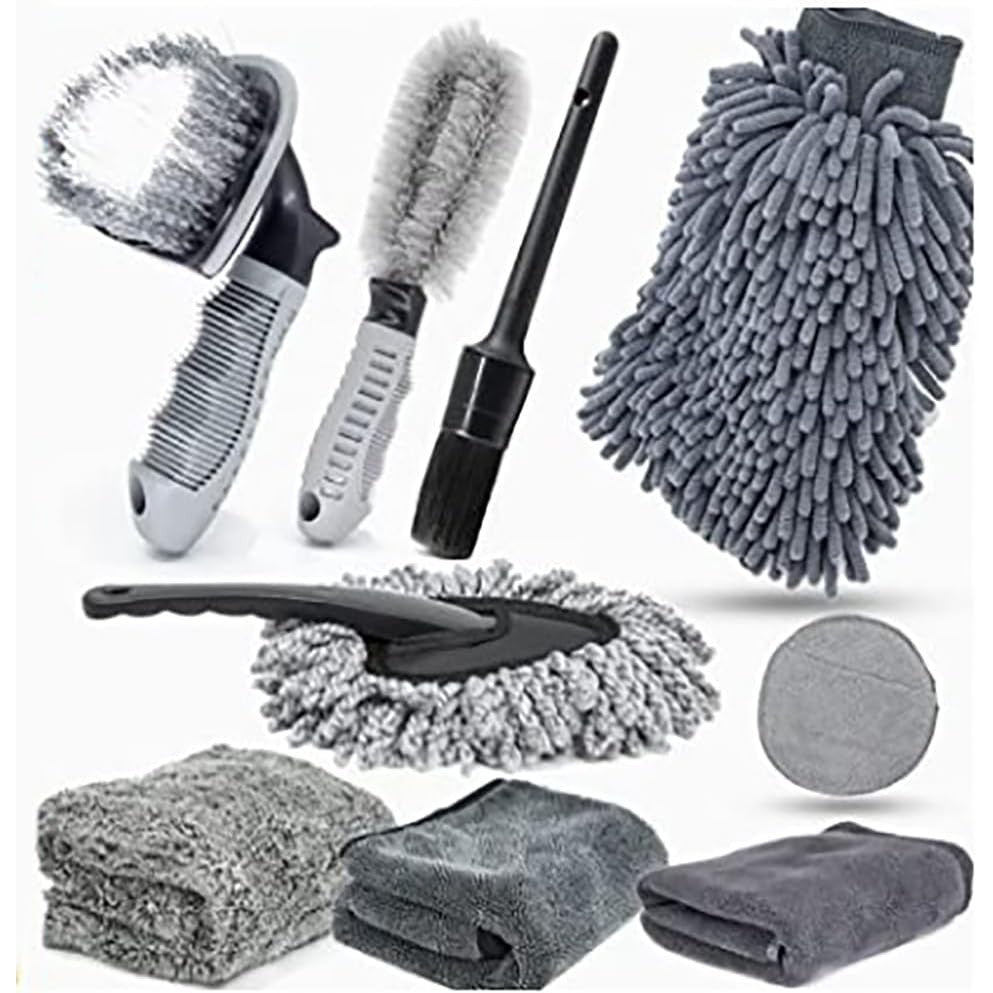 Set 9 Piese pentru Spalat Auto, Flippy, din Plastic si Microfibra, Perii si Lavete, Model B, Gri