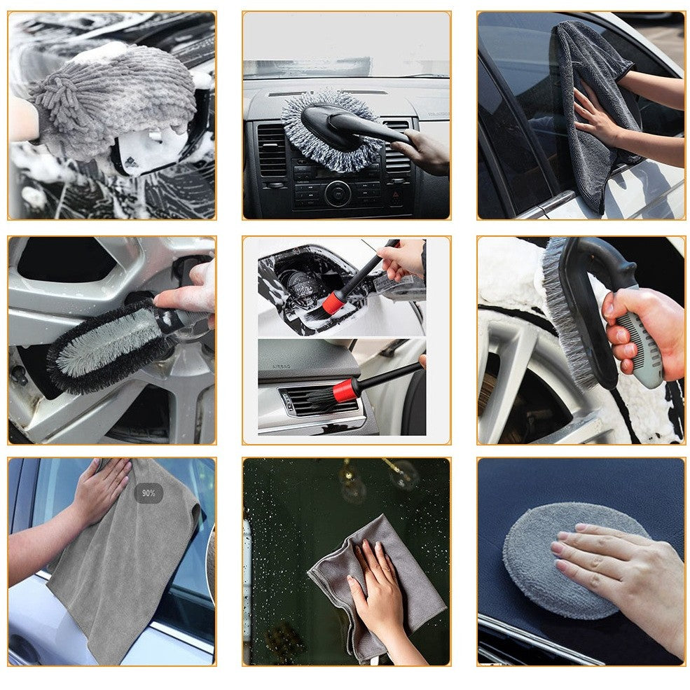 Set 9 Piese pentru Spalat Auto, Flippy, din Plastic si Microfibra, Perii si Lavete, Model B, Gri