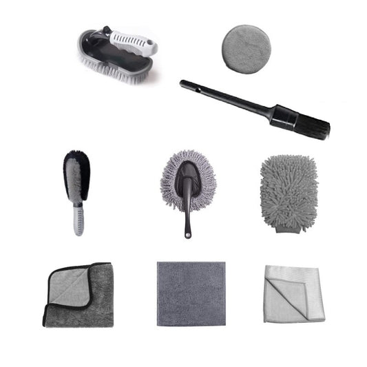 Set 9 Piese pentru Spalat Auto, Flippy, din Plastic si Microfibra, Perii si Lavete, Model B, Gri