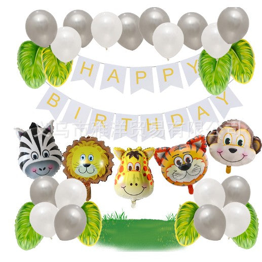 Set baloane aniversare 32 de piese, Flippy, 1 banner HAPPY BIRTHDAY, 5 baloane folie, Figurine Animale, 8 baloane frunza, 18 baloane latex, Gri Alb Multicolor
