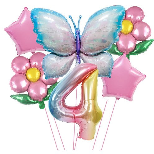 Set baloane aniversare cu numere, din folie de aluminiu, 6 piese, 2 flori, 2 stelute, 1 fluture, 1 cifra, Multicolor, Cifra 4