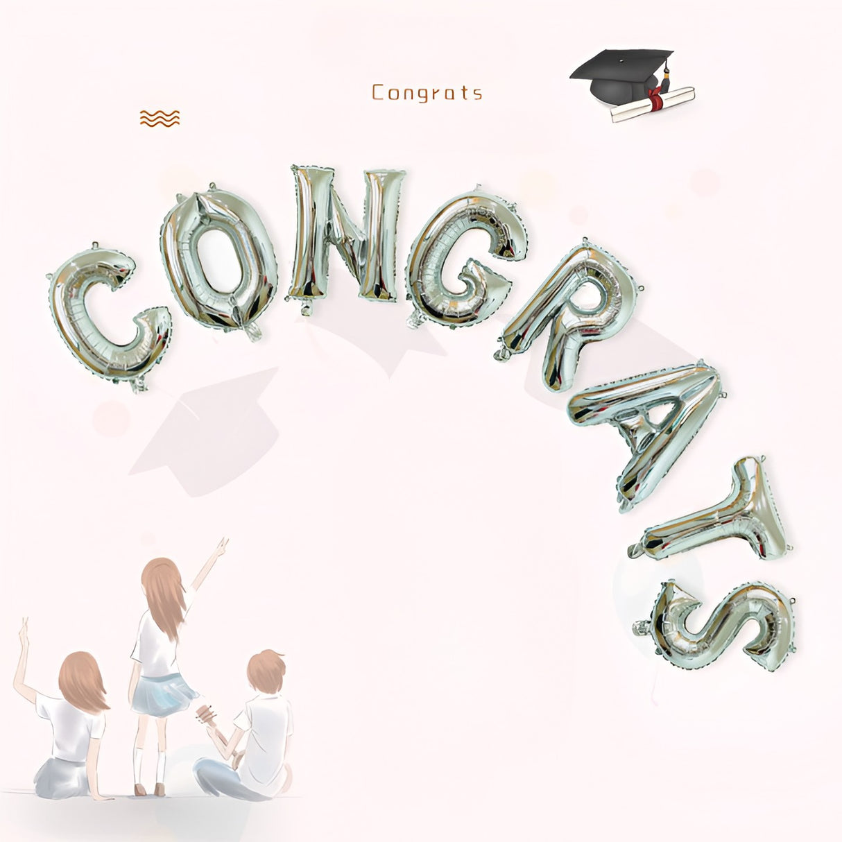 Set Baloane din Folie Metalizată, Flippy, Model Congrats, Litere de 40 cm, Baloane Absolvire, Ambalaj Individual, Pai inclus, Umflare cu Aer sau Heliu, Argintiu