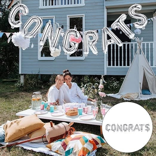 Set Baloane din Folie Metalizată, Flippy, Model Congrats, Litere de 40 cm, Baloane Absolvire, Ambalaj Individual, Pai inclus, Umflare cu Aer sau Heliu, Argintiu