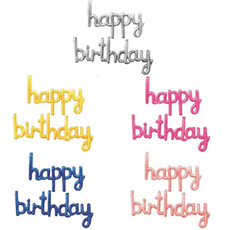 Set Baloane din Folie Metalizata, Flippy, Model Happy Birthday, 45x85 cm, 45x124cm, Baloane Party, Ambalaj Individual, Pai Inclus, Umflare cu Aer sau Heliu, Roz