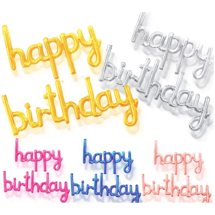 Set Baloane din Folie Metalizata, Flippy, Model Happy Birthday, 45x85 cm, 45x124cm, Baloane Party, Ambalaj Individual, Pai Inclus, Umflare cu Aer sau Heliu, Roz