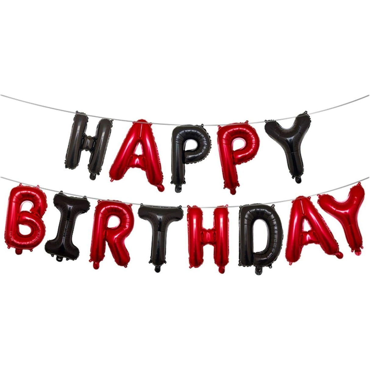 Set Baloane din Folie Metalizata, Flippy, Model Happy Birthday, Litere de 40 cm, Baloane Party, Ambalaj Individual, Pai, Ata si Adeziv Incluse, Umflare cu Aer sau Heliu, Rosu-Negru