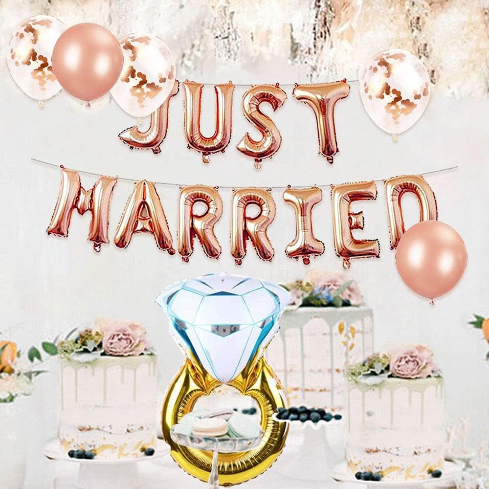 Set Baloane din Folie Metalizata, Flippy, Model Just Married, Litere de 40 cm, Baloane Party, Ambalaj Individual, Pai, Ata si Adeziv Incluse, Umflare cu Aer sau Heliu, Roz