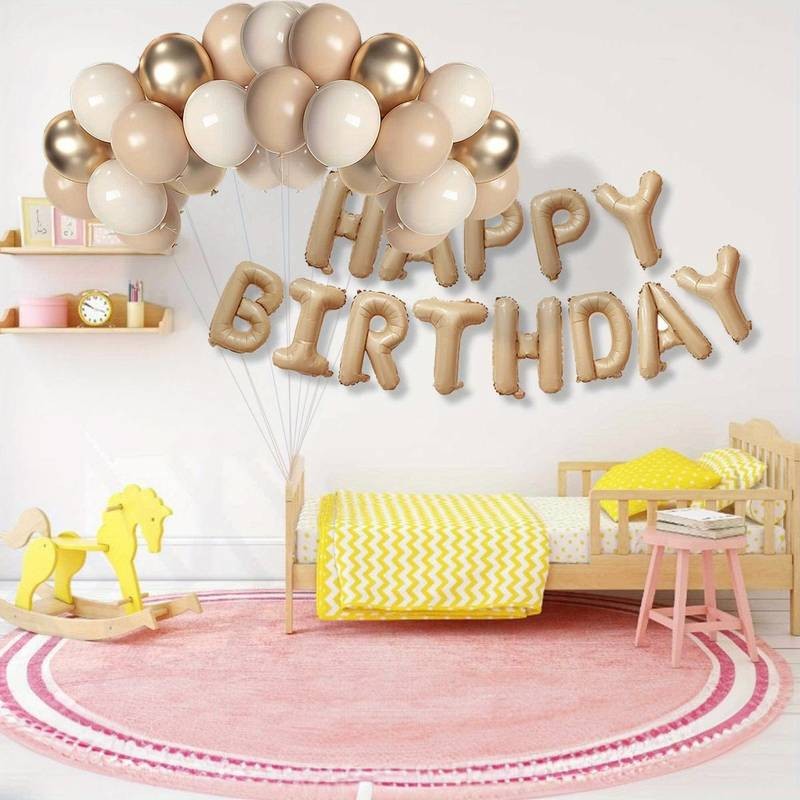 Set 25 de Baloane din Folie Metalizata si Latex, Flippy, Figurine 2 Stele, 4 Baloane Confetti, 13 Litere, 6 Latex, Model Happy Birthday, Tema Aniversare, 40 cm, Ambalaj Individual, Pai Inclus, Umflare cu Aer sau Heliu, Bej