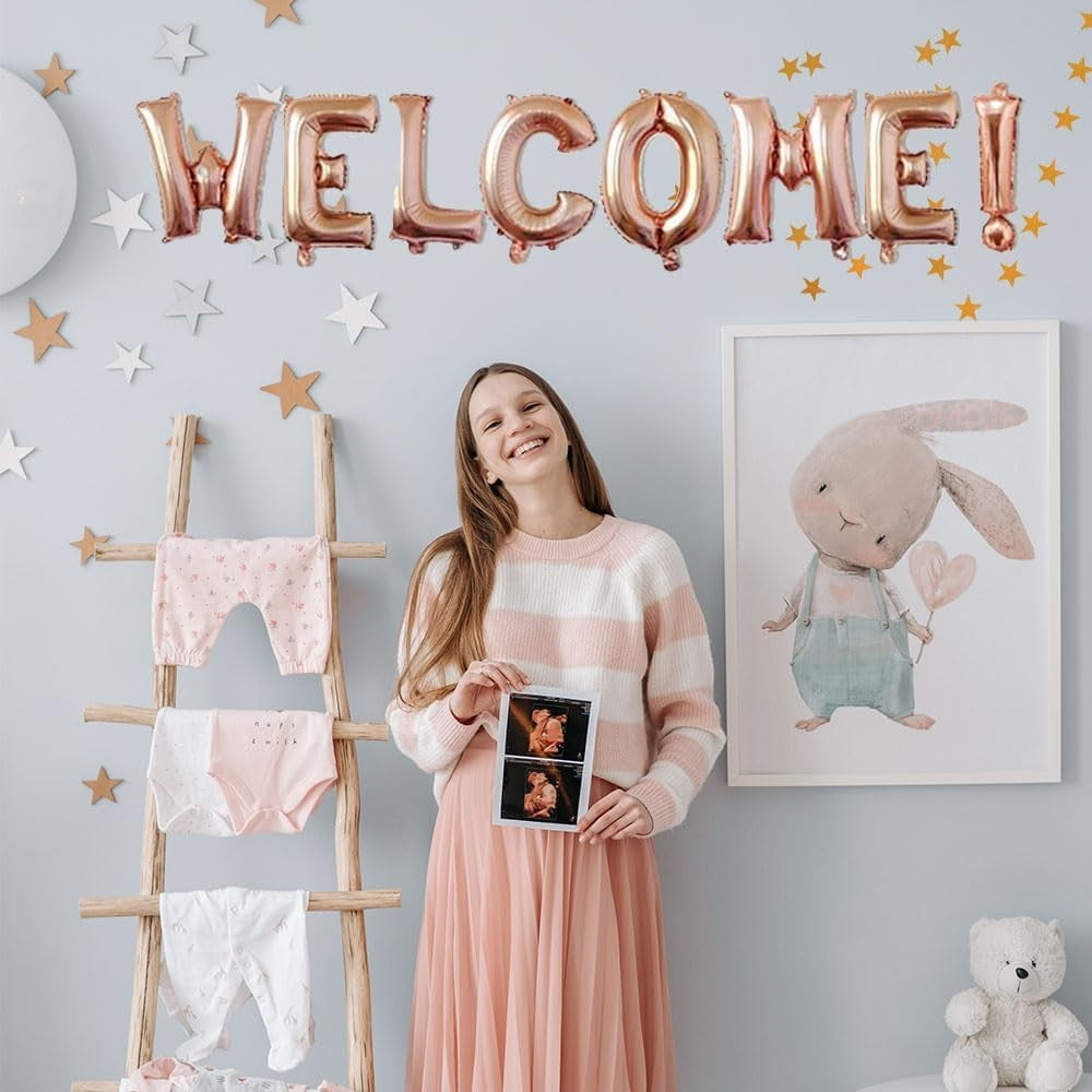 Set Baloane din Folie Metalizata, Flippy, Model WELCOME!, Litere de 40 cm, Baloane Party, Ambalaj Individual, Pai Inclus, Umflare cu Aer sau Heliu, Roz