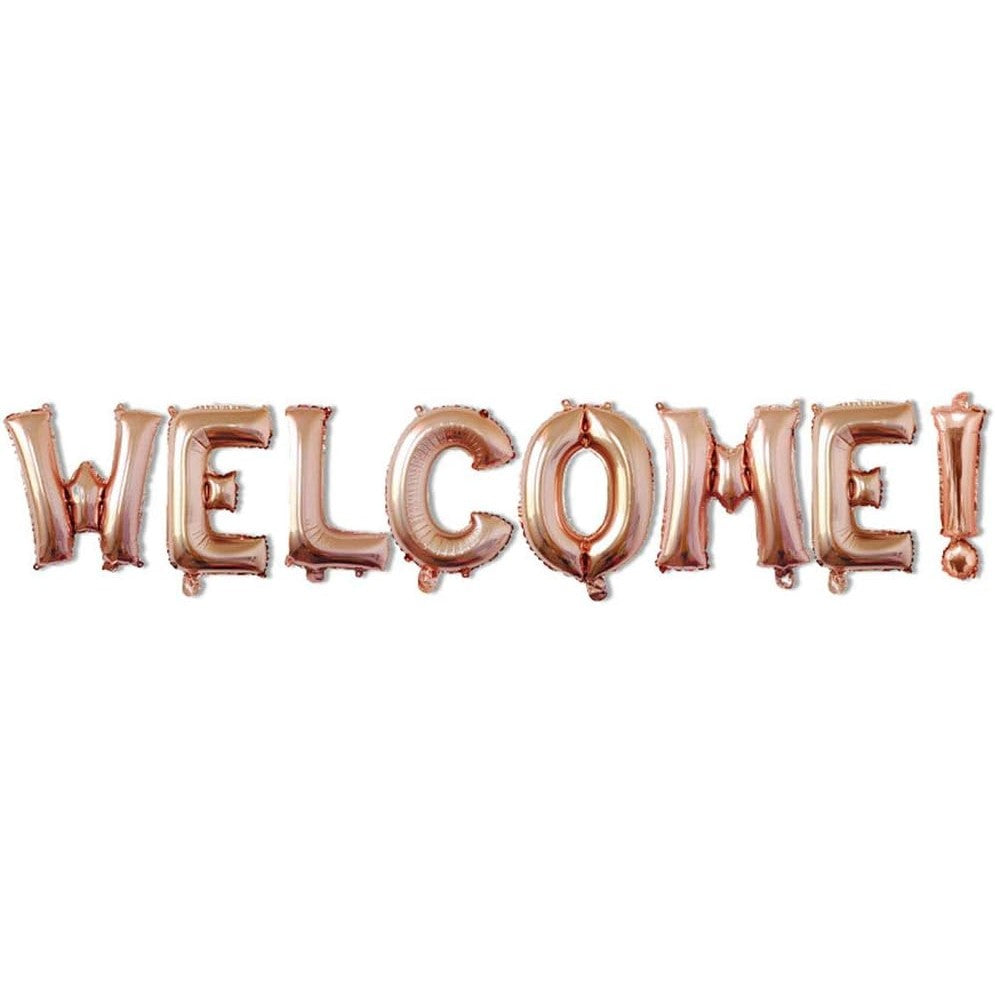 Set Baloane din Folie Metalizata, Flippy, Model WELCOME!, Litere de 40 cm, Baloane Party, Ambalaj Individual, Pai Inclus, Umflare cu Aer sau Heliu, Roz
