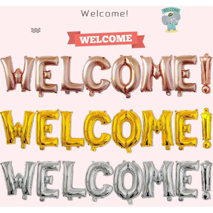 Set Baloane din Folie Metalizata, Flippy, Model WELCOME!, Litere de 40 cm, Baloane Party, Ambalaj Individual, Pai Inclus, Umflare cu Aer sau Heliu, Roz