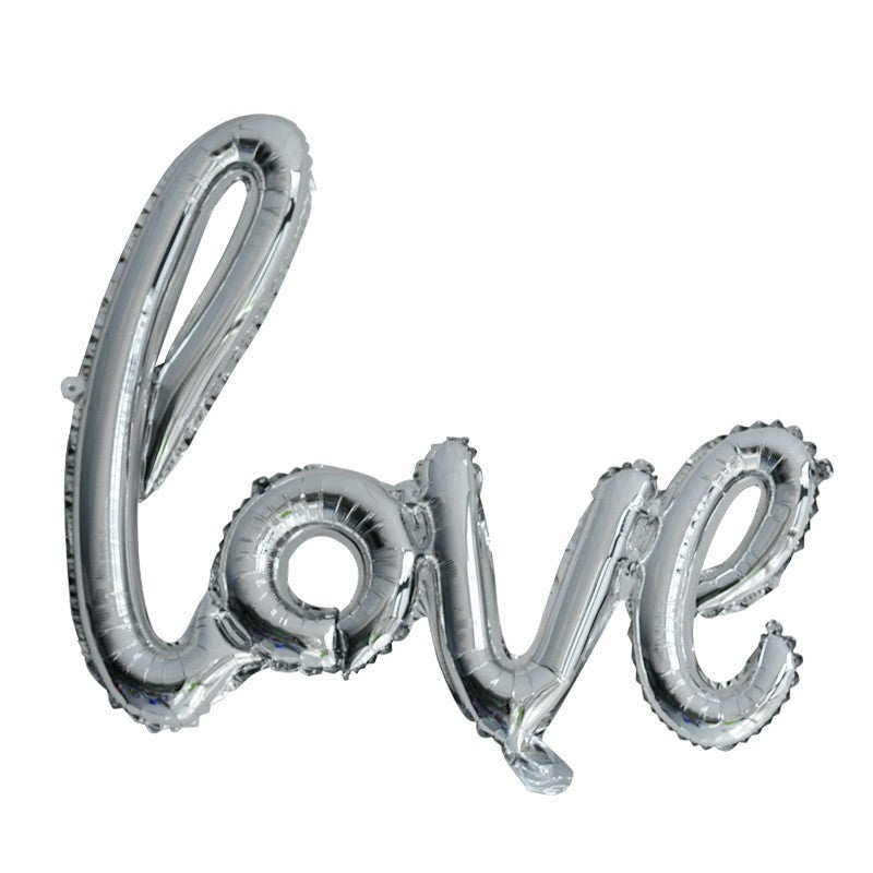 Set Baloane din Folie Metalizata, Model Love Scris de Mana, 102x65 cm, Baloane Ziua Indragostitilor, Ambalaj Individual, Pai inclus, Umflare cu Aer sau Heliu, Argintiu