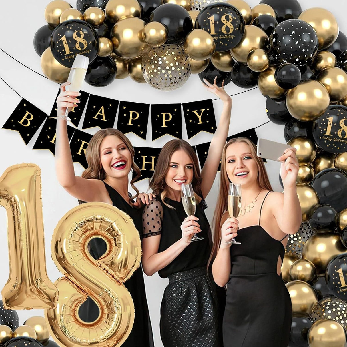 Set Baloane Folie si Latex, Vivimall, Tematica Aniversare Majorat, Baloane Latex, Figurine Cifrele 1 si 8, Ambalaj Individual, Pai Inclus, Umflare cu Aer sau Heliu, Auriu Negru - vivimall.ro