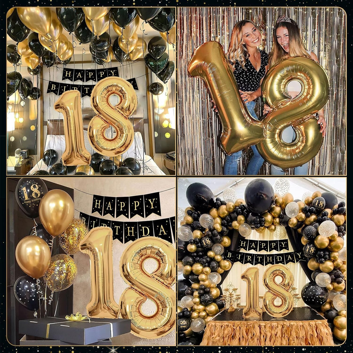 Set Baloane Folie si Latex, Vivimall, Tematica Aniversare Majorat, Baloane Latex, Figurine Cifrele 1 si 8, Ambalaj Individual, Pai Inclus, Umflare cu Aer sau Heliu, Auriu Negru - vivimall.ro