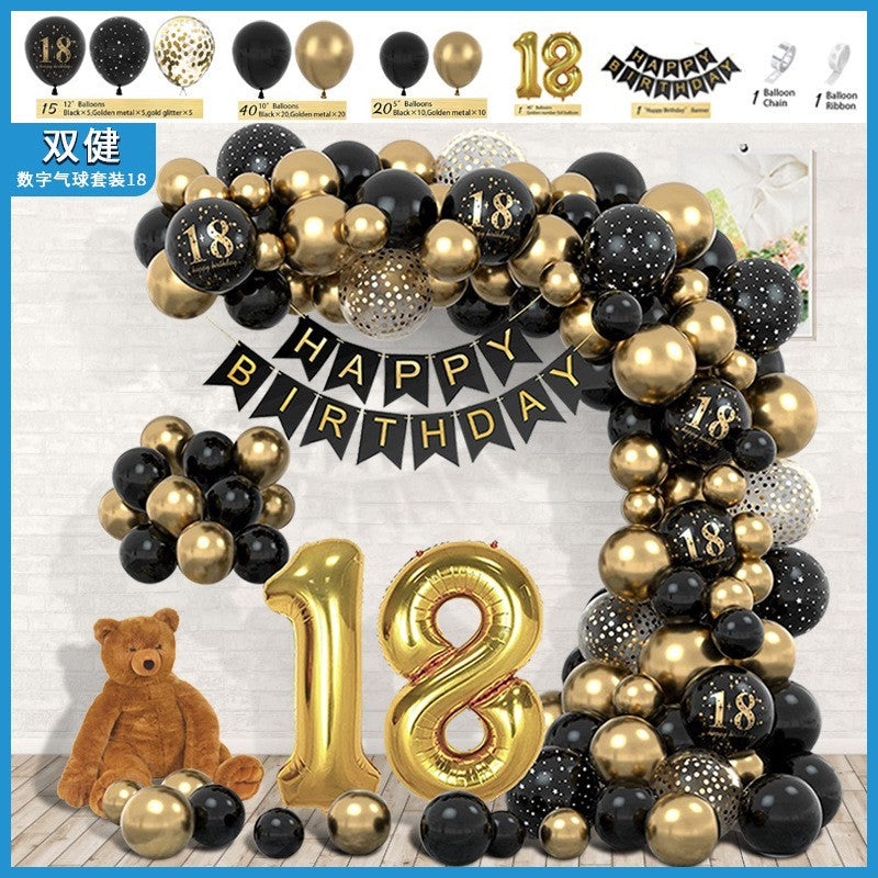 Set Baloane Folie si Latex, Vivimall, Tematica Aniversare Majorat, Baloane Latex, Figurine Cifrele 1 si 8, Ambalaj Individual, Pai Inclus, Umflare cu Aer sau Heliu, Auriu Negru - vivimall.ro