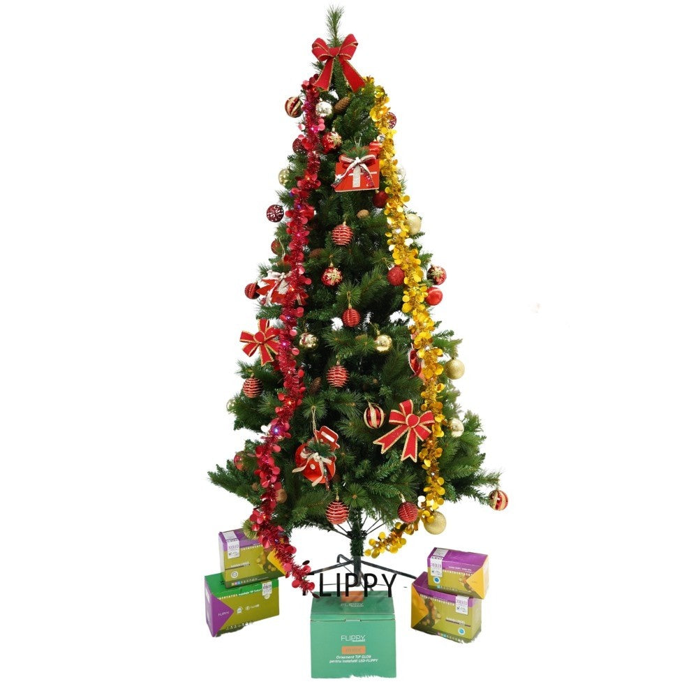 Set brad artificial de Craciun si elemente decorative, Decorat cu conuri de pin, pentru interior/exterior, inaltime 210 cm, diametru 114 cm, 1057 ramuri, Flippy, verde, suport metalic inclus - vivimall.ro