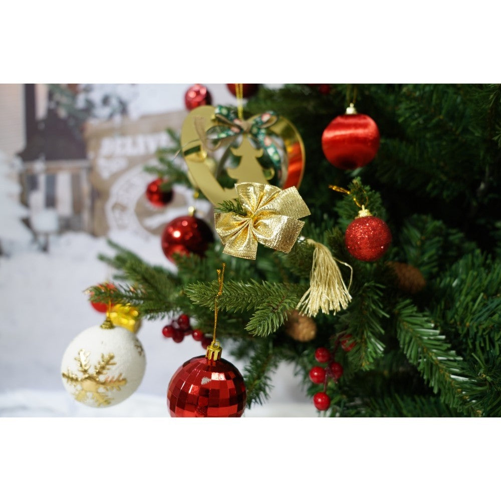 Set brad artificial de Craciun si elemente decorative, decorat cu conuri pin rosii, inaltime 210 cm, diametru 137 cm, 1172 ramuri, Flippy, verde, suport metalic inclus - vivimall.ro