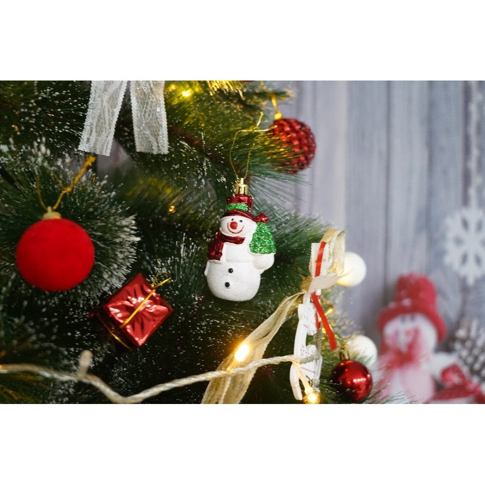 Set brad artificial de Craciun si elemente decorative tip pin inzapezit tip 1, inaltime 150 cm, diametru 85 cm, 160 ramuri cu ace 3D 12 cm, Flippy, verde cu varfuri, ninse, suport metalic inclus