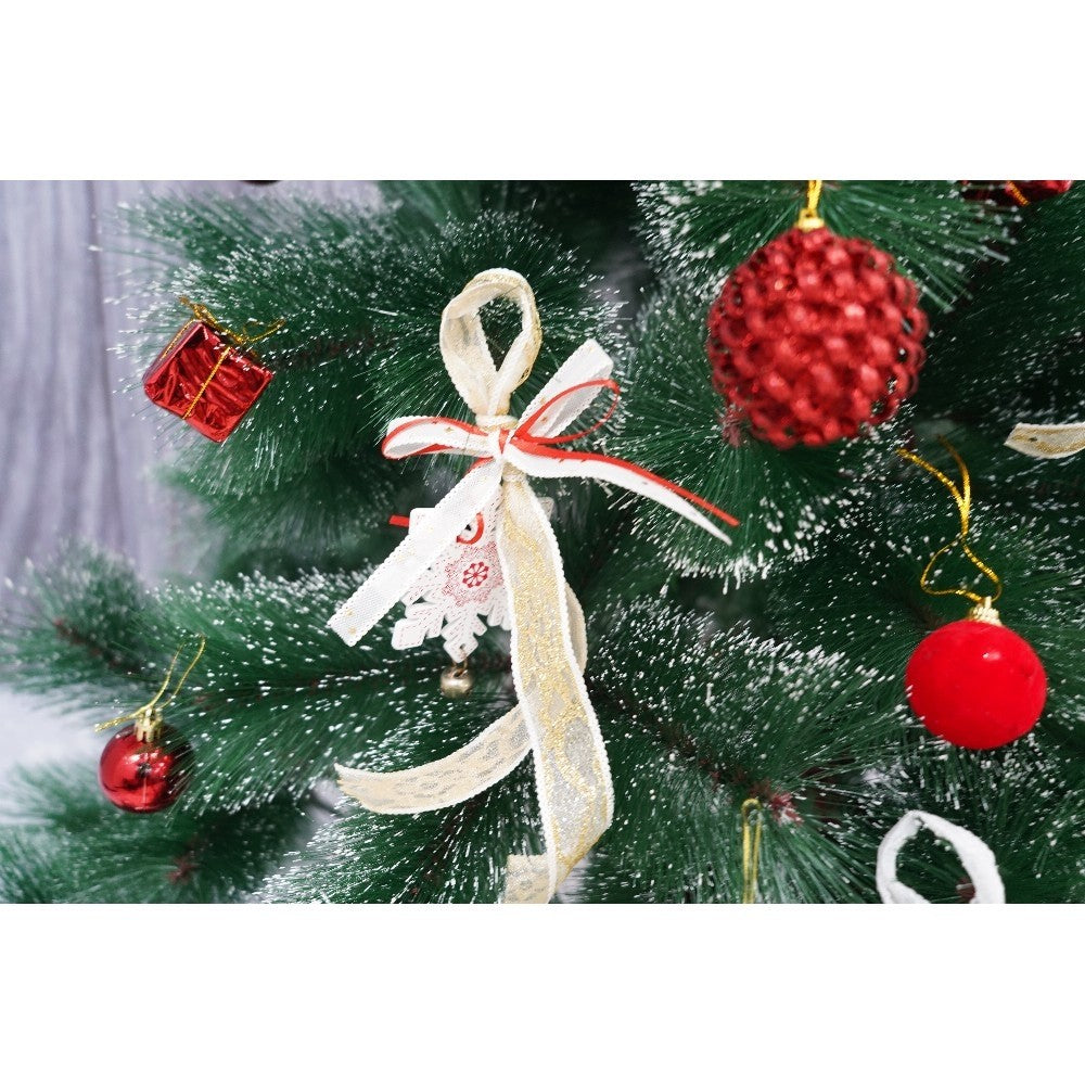 Set brad artificial de Craciun si elemente decorative tip pin inzapezit tip 3, inaltime 150 cm, diametru 85 cm, 160 ramuri cu ace 3D 12 cm, Vivimall, verde cu varfuri, ninse, suport metalic inclus