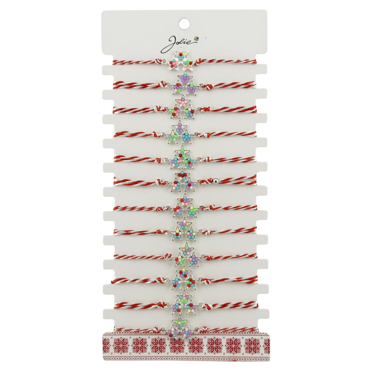 Set 12 brățări mărțișor Jolie model 3 Stele, snur alb-roșu cu pandantiv metalic multicolor, vedere de ansamblu