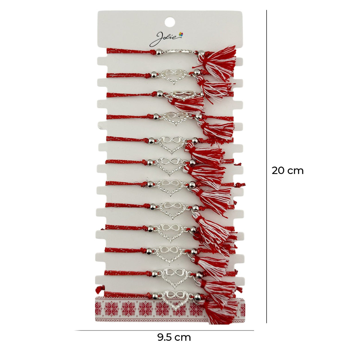 Martisor Bratara cu Ciucure pentru Dama, Jolie, Model Inima Infinit, Set 12 bucati, Pandativ din Inox cu Pietre, Snur Reglabil, Rosu/Alb - vivimall.ro