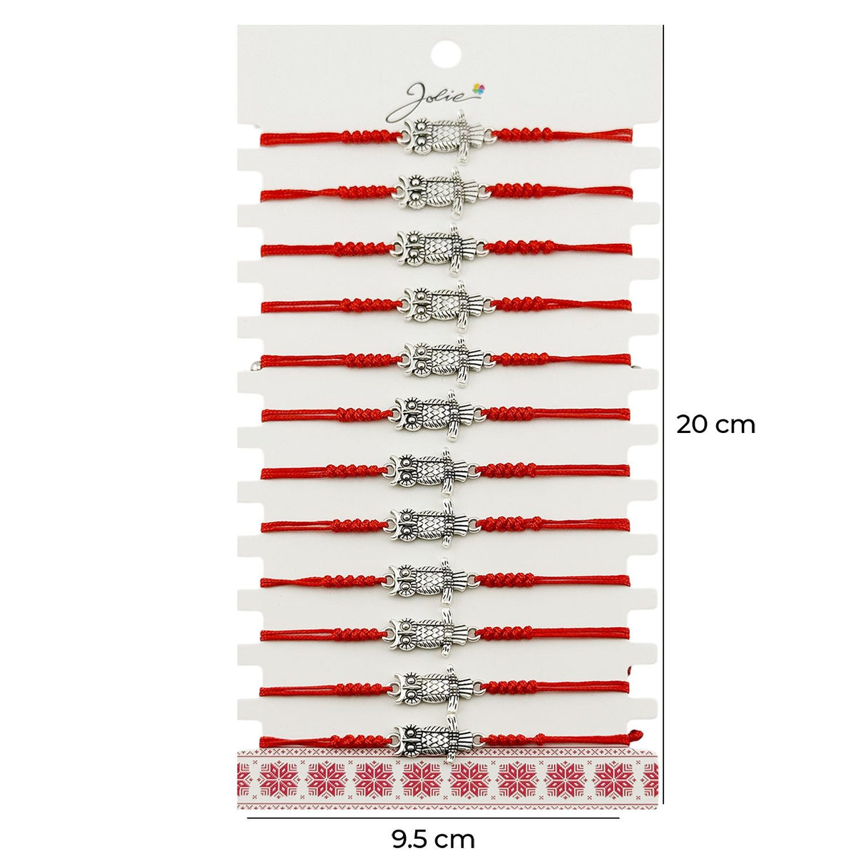 Set 12 brățări marțișor Jolie cu snur roșu și pandantiv bufniță inox, dimensiune reglabilă, prezentare completă