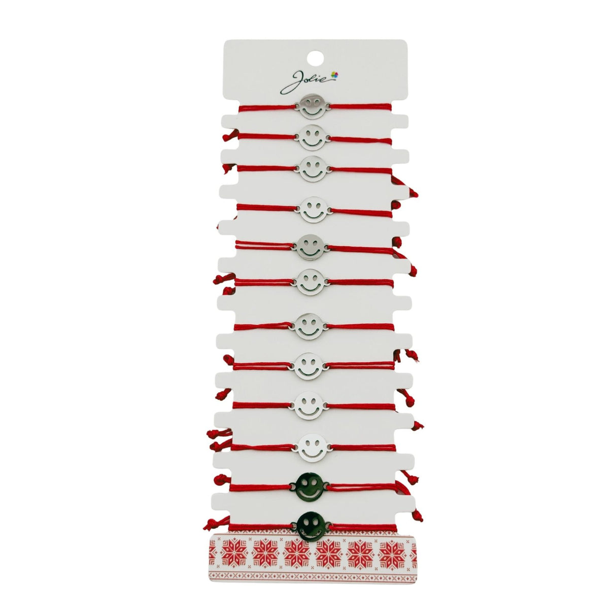 Bratara Martisor pentru Dama, Jolie, Model Smile, Set 12 bucati, Pandativ Argintiu din Inox cu Snur Rosu Ajustabil - vivimall.ro