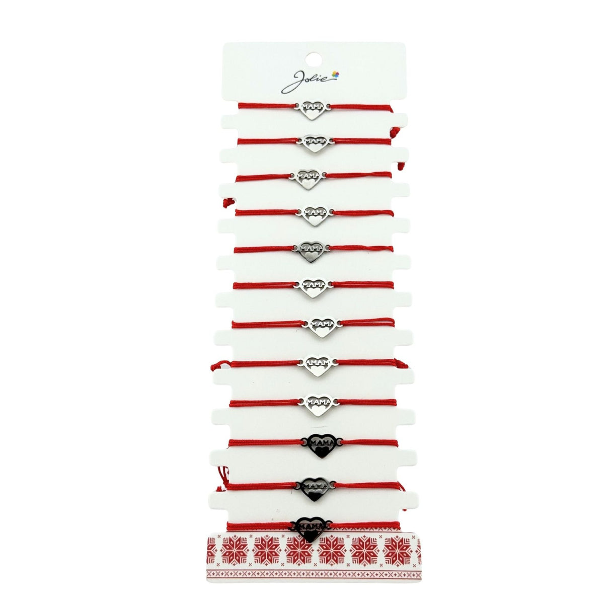 Bratara Martisor pentru Dama, Jolie, Model Inima cu Text Mama, Set 12 bucati, Pandativ Argintiu din Inox cu Snur Rosu Ajustabil - vivimall.ro