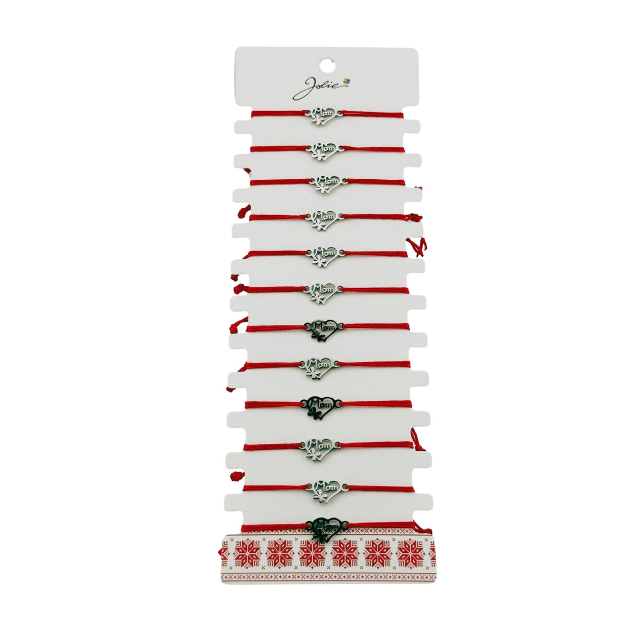 Bratara Martisor pentru Dama, Jolie, Model Inima cu Fluture, Set 12 bucati, Pandativ Argintiu din Inox cu Snur Rosu Ajustabil - vivimall.ro