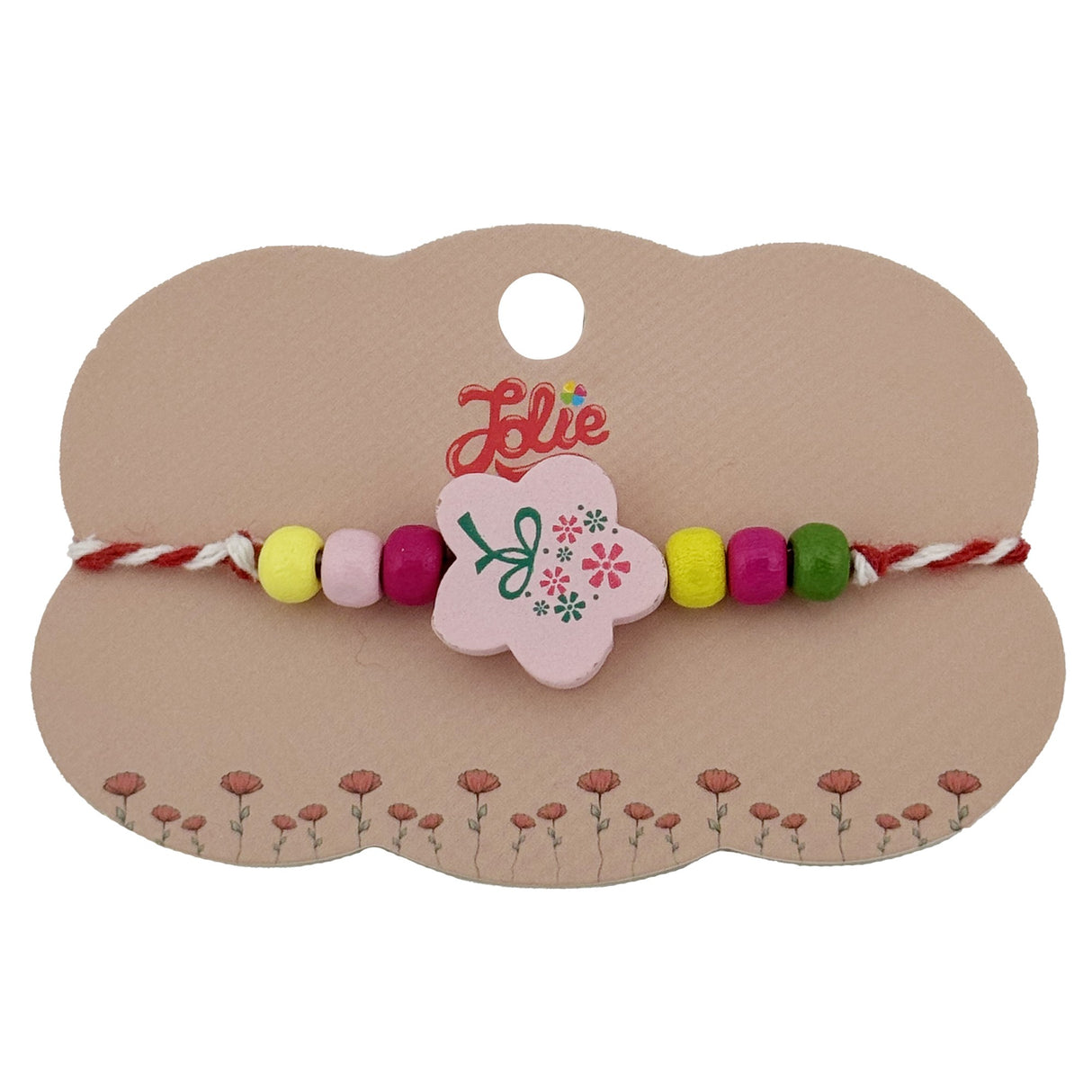 Brățară mărțișor Jolie pentru fetițe, pandantiv floare cu mărgele din lemn multicolore, șnur roșu-alb, vedere frontală