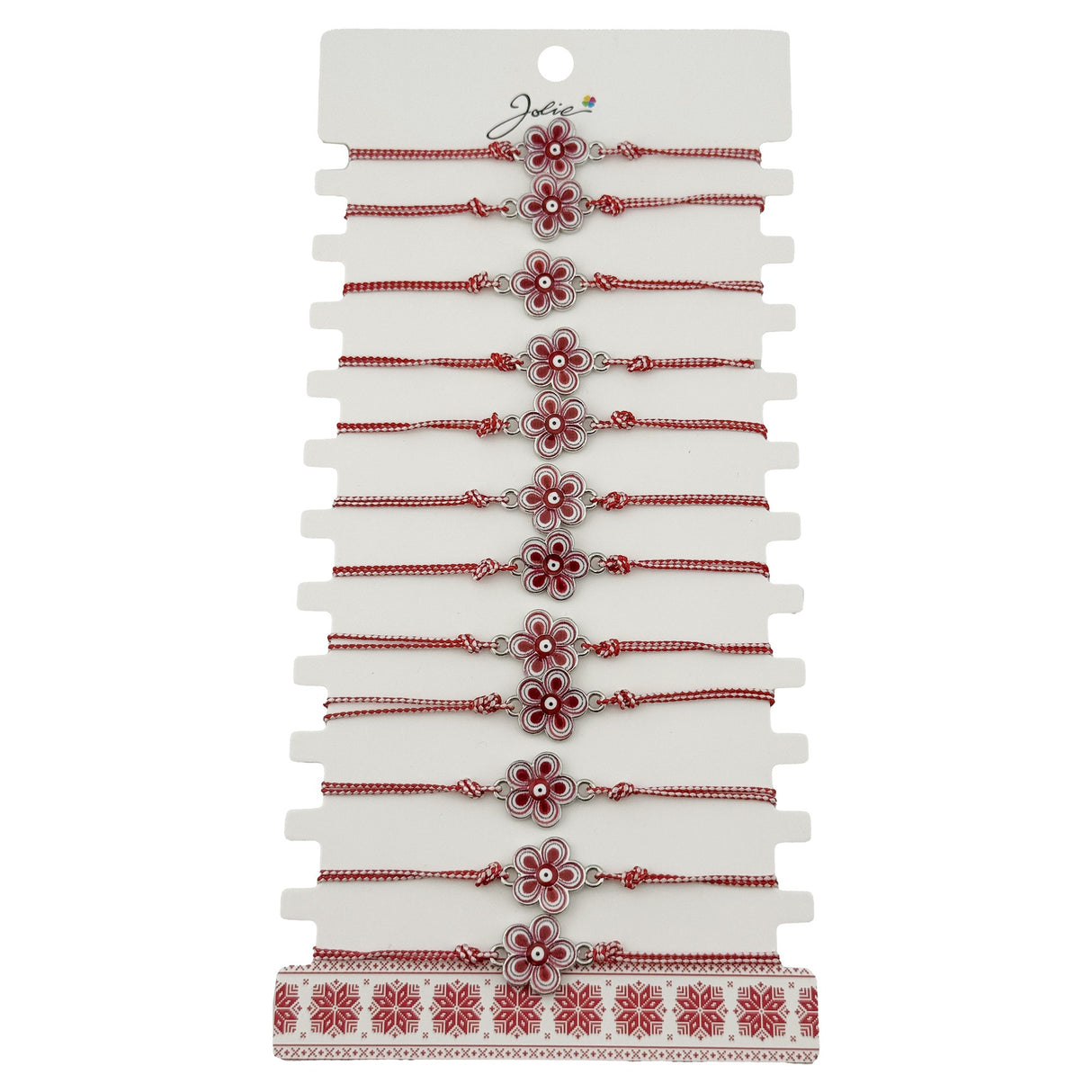 Bratara Martisor pentru Dama, Jolie, Model Floare, Set 12 bucati, Pandativ din Aliaj cu Print Traditional, Snur Ajustabil Impletit, Alb/Rosu - vivimall.ro