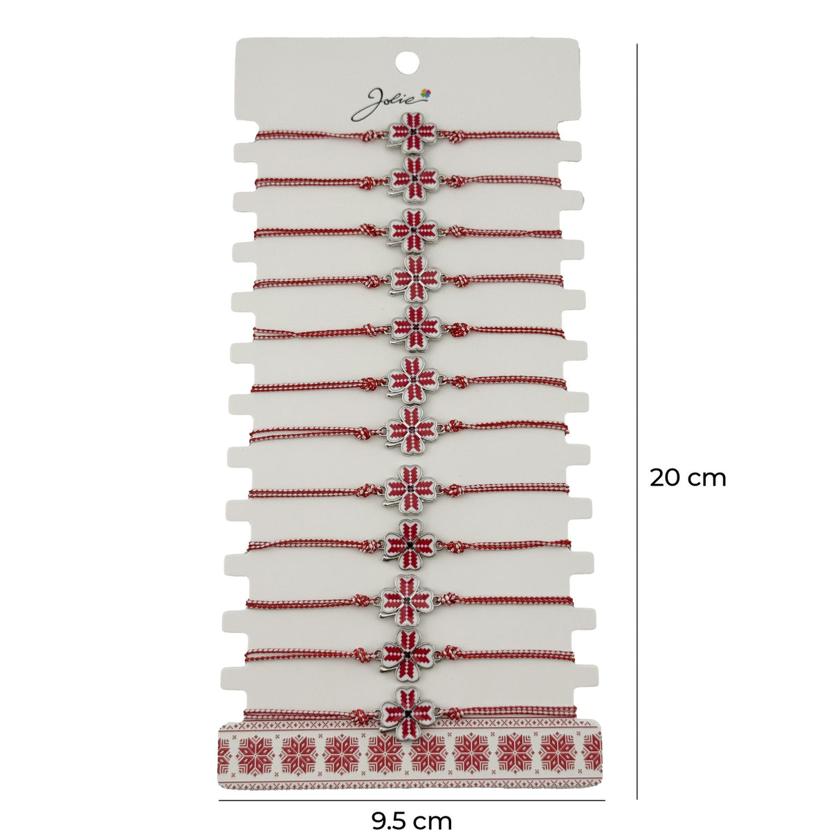 Bratara Martisor pentru Dama, Jolie, Model Trifoi, Set 12 bucati, Pandativ din Aliaj cu Print Traditional, Snur Ajustabil Impletit, Alb/Rosu - vivimall.ro