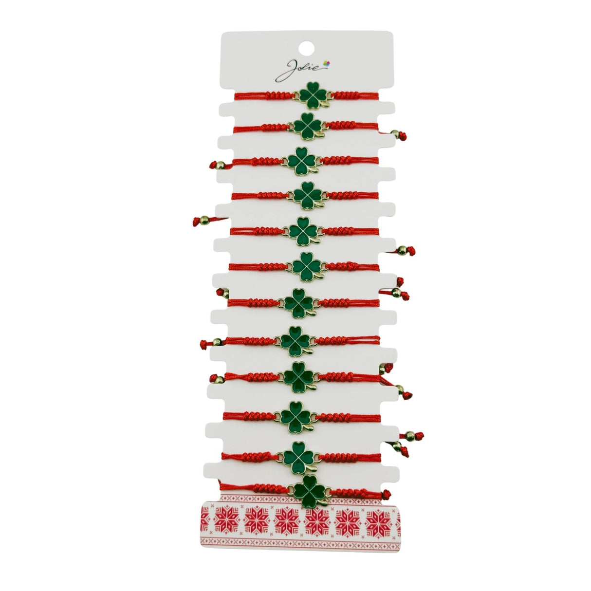 Bratara Martisor pentru Dama, Jolie, Model Trifoi, Set 12 bucati, Pandativ Auriu din Inox cu Snur Rosu Ajustabil - vivimall.ro