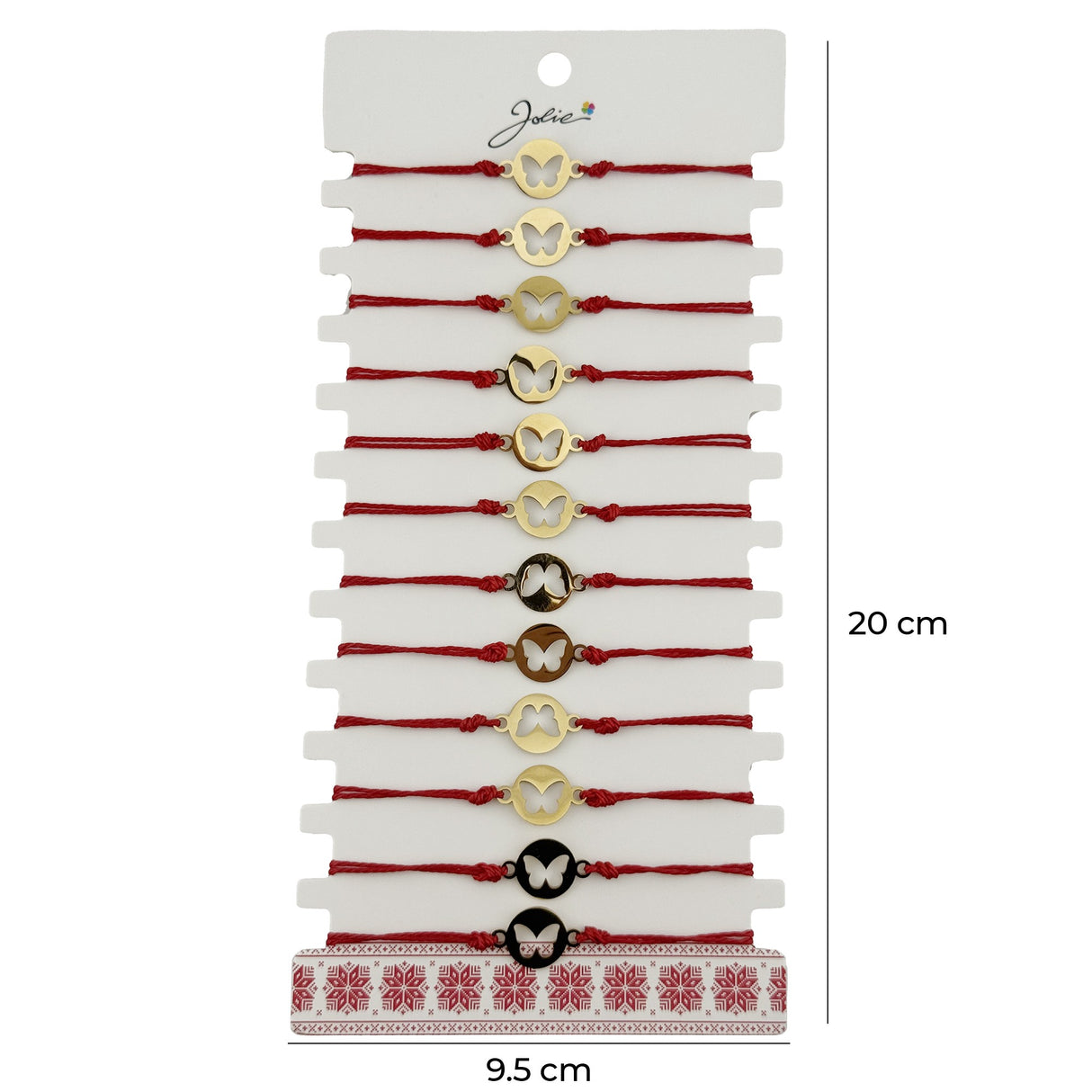 Detaliu pandantiv Fluture în Monedă auriu pe snur roșu ajustabil, set mărțișor Jolie 12 bucăți, suport prezentare 20x9,5 cm