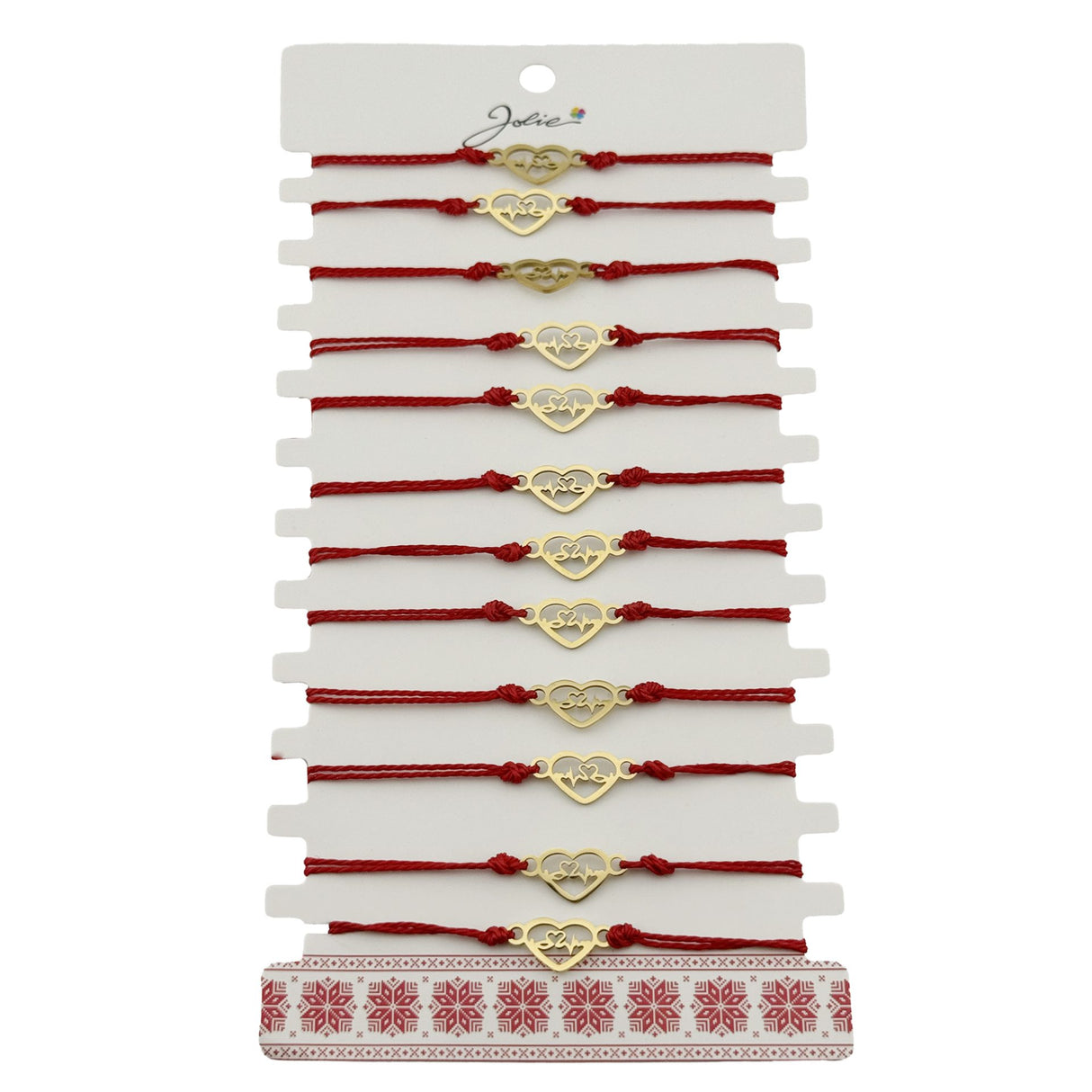 Bratara Martisor pentru Dama, Jolie, Model Inima, Set 12 bucati, Pandativ din Inox Auriu, Snur Ajustabil Impletit, Rosu - vivimall.ro