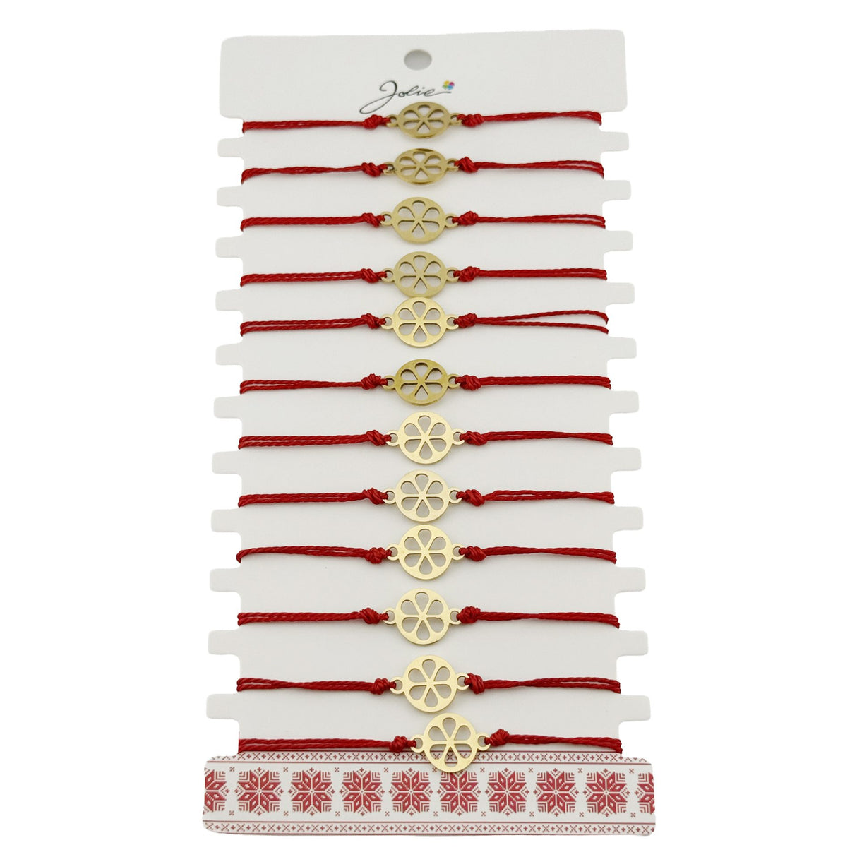 Bratara Martisor pentru Dama, Jolie, Model Floare, Set 12 bucati, Pandativ din Inox Auriu, Snur Ajustabil Impletit, Rosu - vivimall.ro