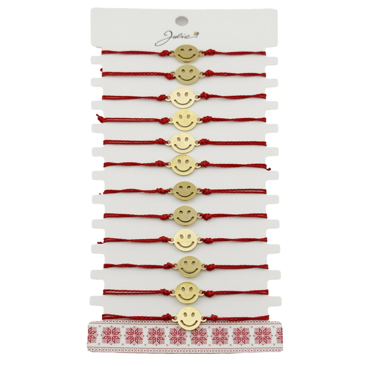 Brățară mărțișor Jolie Smiley, set 12 bucăți, pandantiv inox auriu cu snur roșu ajustabil, vedere frontală
