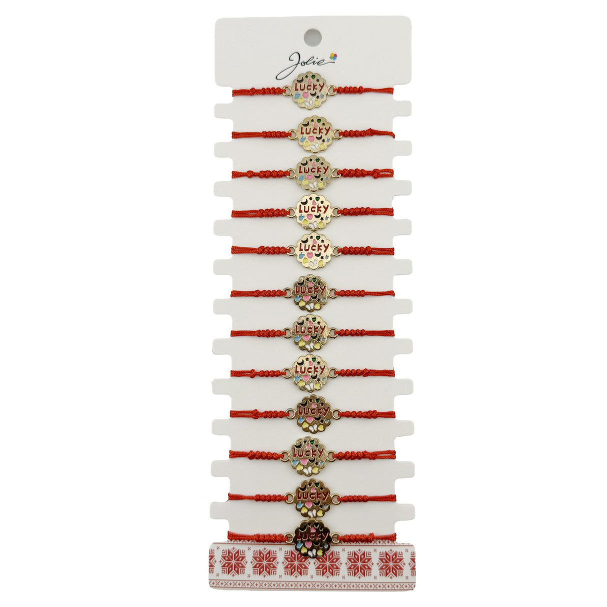 Bratara Martisor pentru Dama, Jolie, Model Lucky, Set 12 bucati, Pandativ din Inox Auriu, Snur Ajustabil Impletit, Rosu - vivimall.ro