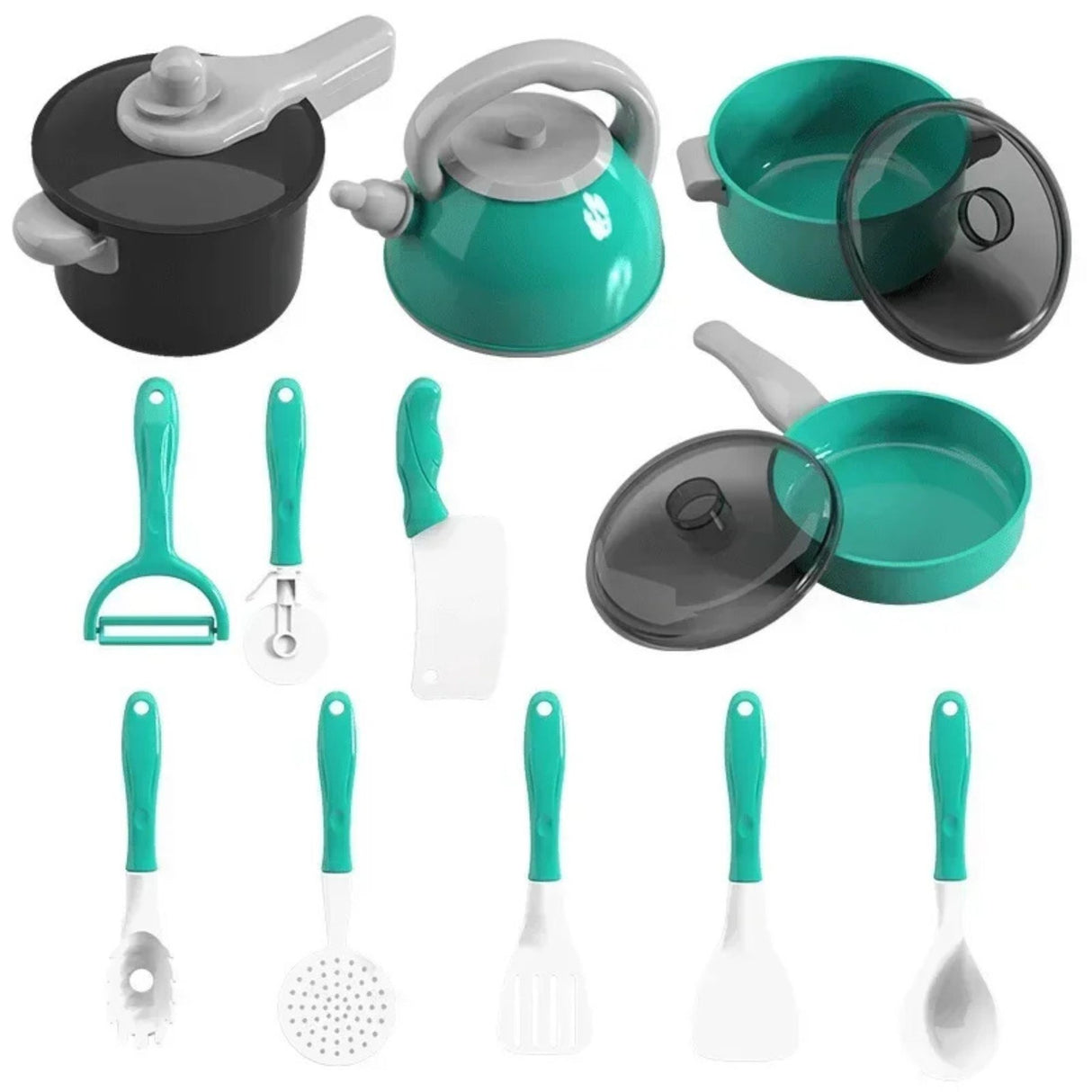 Accesorii incluse în setul de bucătărie Flippy: oale, tigăi, ustensile și alimente de jucărie